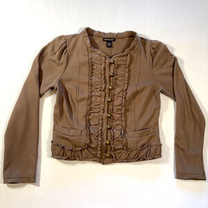 British Khaki Olive Green Ruffle Jacket Women’s Medium Button Up Military Style